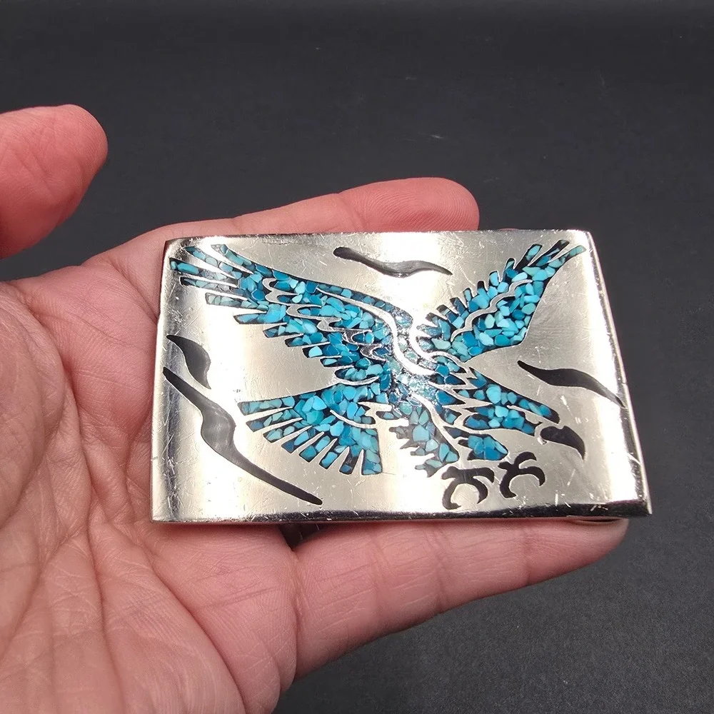 Vintage Mexico Silver Tone Turquoise Inlay Flying Eagle Rectangle Belt Buckle